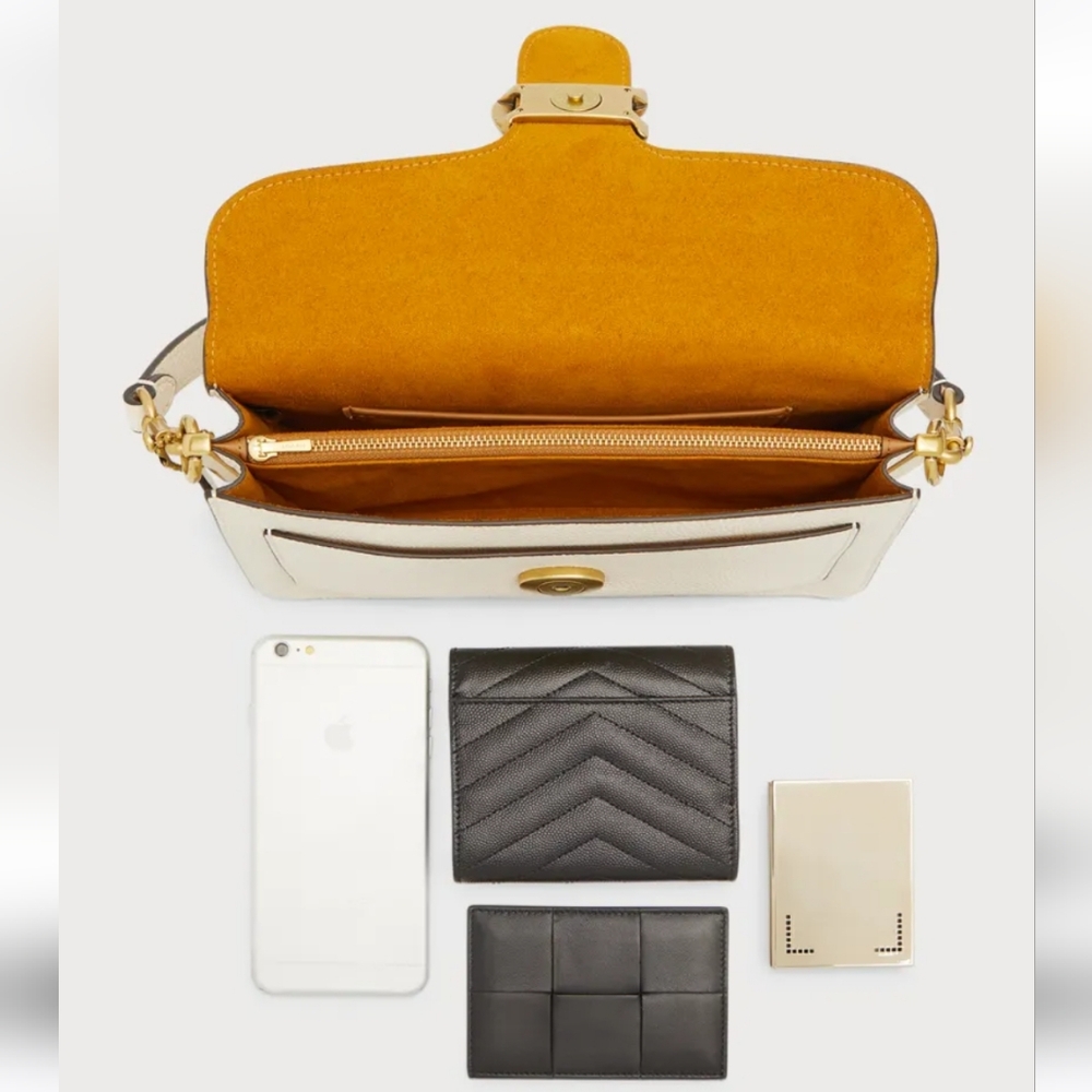 COACH Logo Closure Pebbled Leather Shoulder Bag in white/chalk/brass - Picture 9 of 17